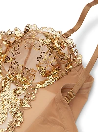 Gold Sequined Ziggy Glam Floral Embroidery Unlined Corset Top