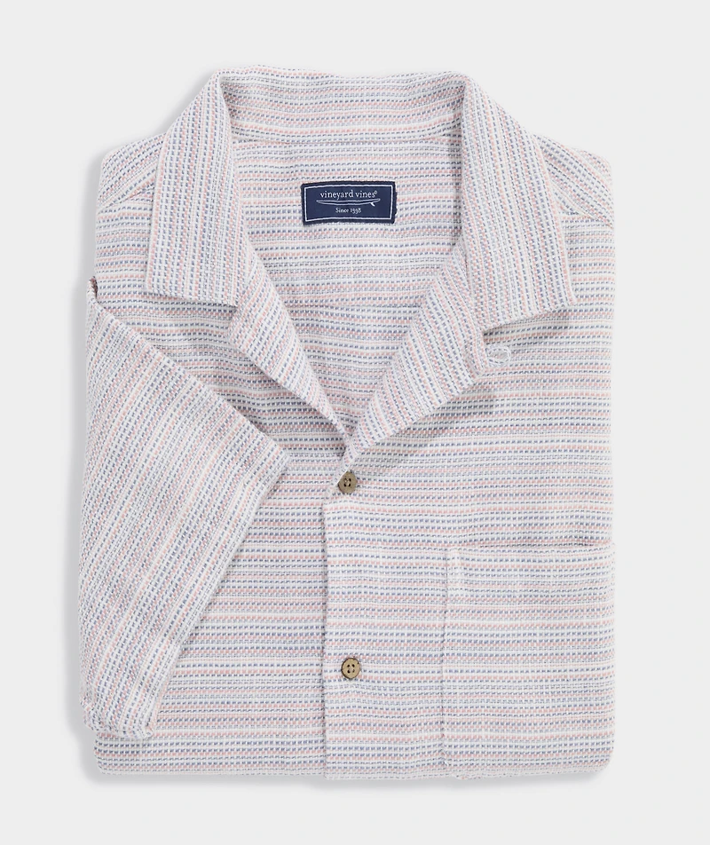 Coral Stripe Textured Cotton Short-Sleeve Cabana Shirt