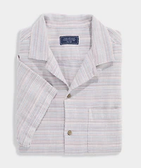 Coral Stripe Textured Cotton Short-Sleeve Cabana Shirt