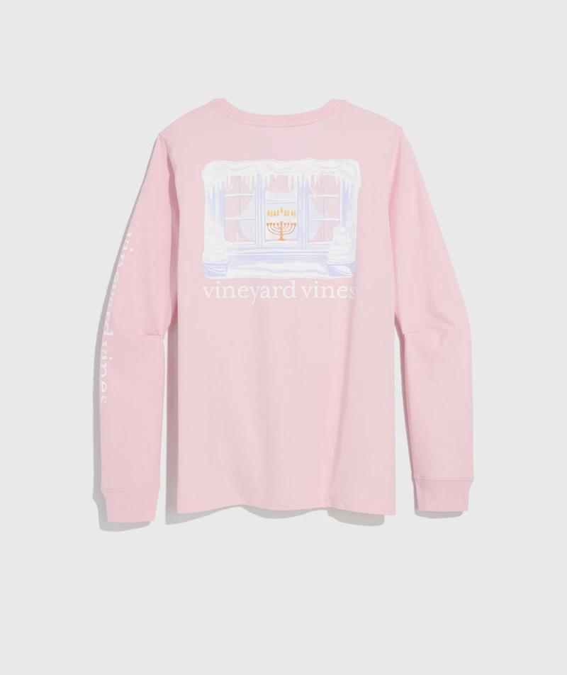 Women's Snowy Hanukkah Window Long-Sleeve Pocket Tee