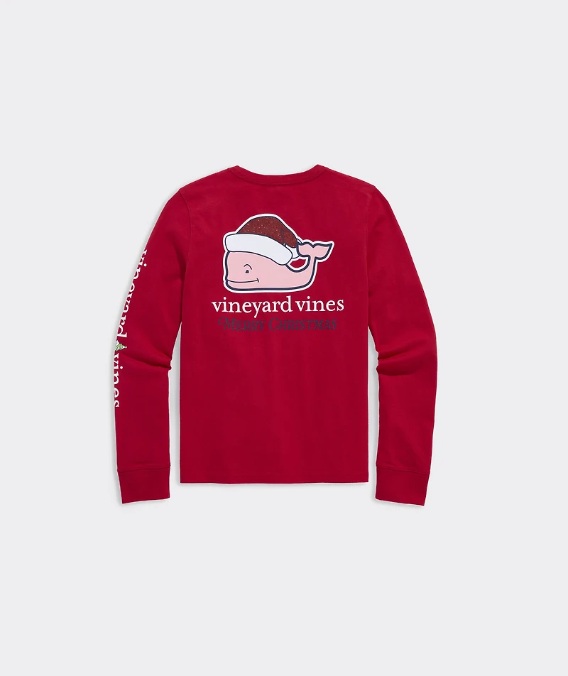 Girls' Glitter Hat Santa Whale Long-Sleeve Pocket Tee