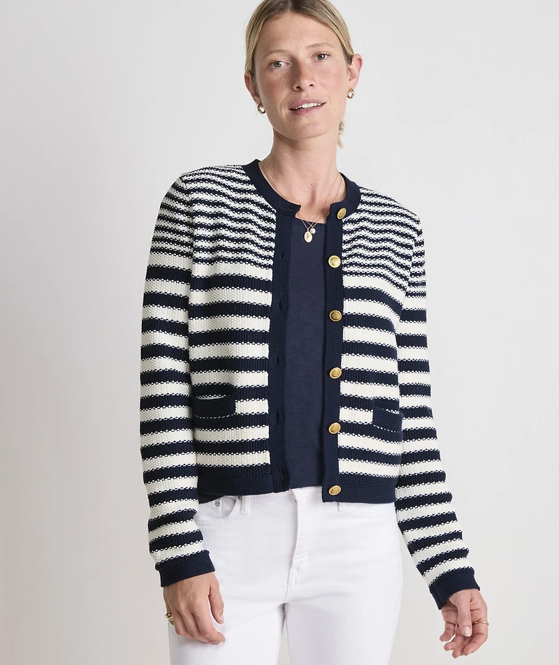 Cotton Stripe Crewneck Cardigan