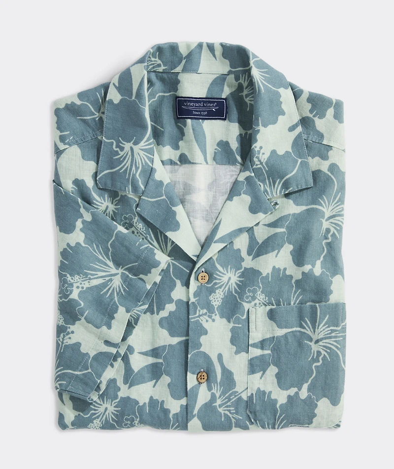 Hibiscus Floral Linen Blend Short-Sleeve Cabana Shirt