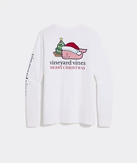 Women's Santa Whale Tree Ornaments Long-Sleeve Pocket Tee