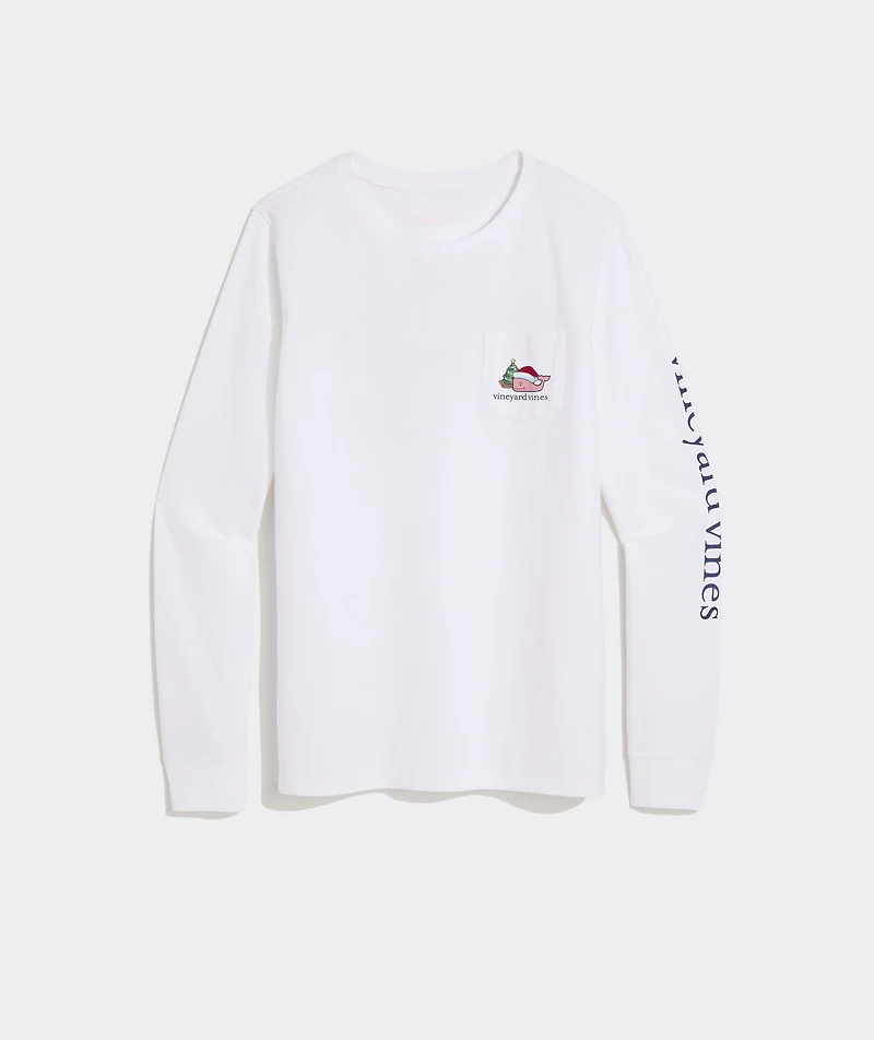 Women's Santa Whale Tree Ornaments Long-Sleeve Pocket Tee