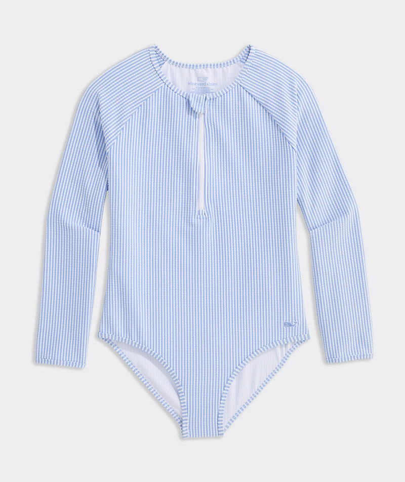 Girls' Seersucker Long Sleeve Zipper One-Piece