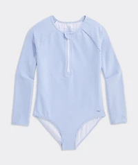 Girls' Seersucker Long Sleeve Zipper One-Piece