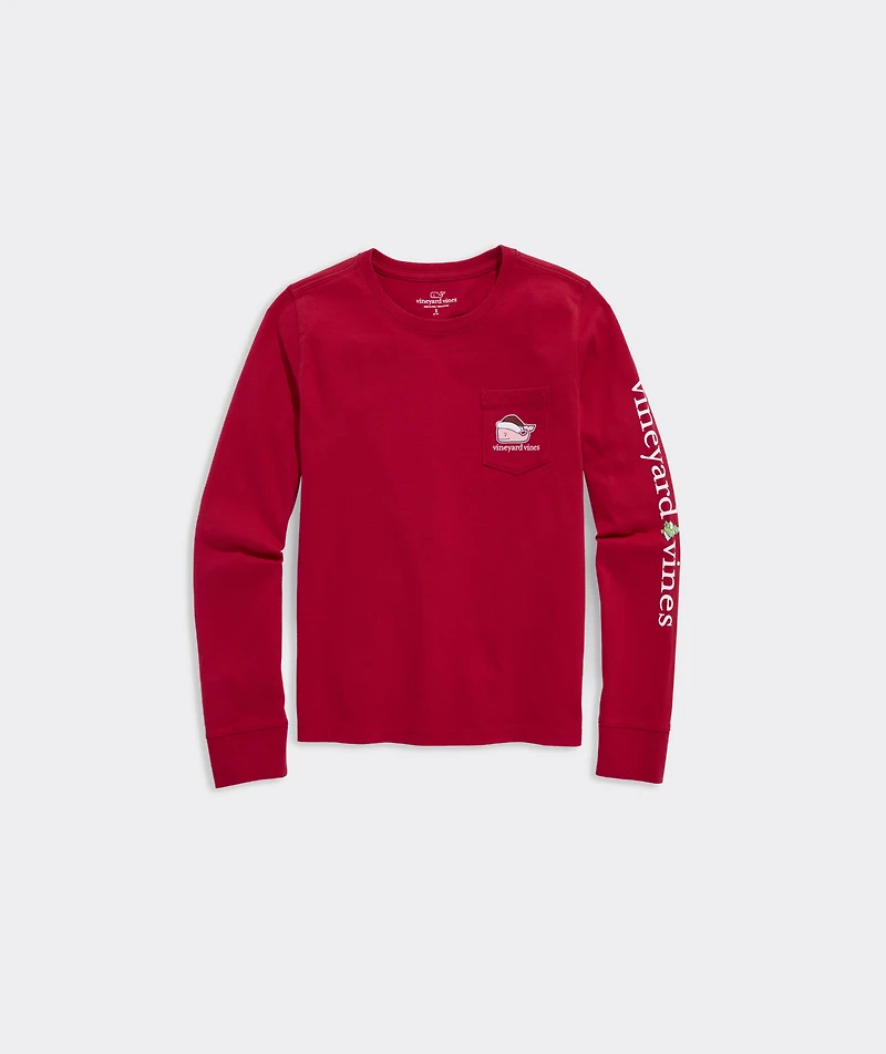 Girls' Glitter Hat Santa Whale Long-Sleeve Pocket Tee