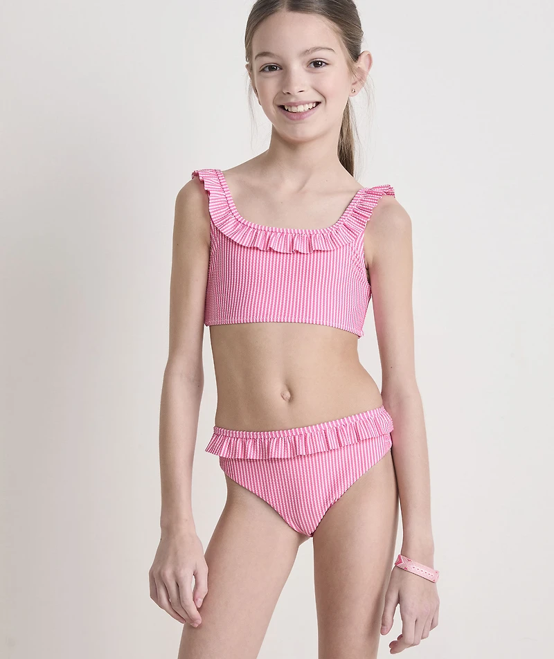 Girls' Seersucker Ruffle Square Neck Bikini