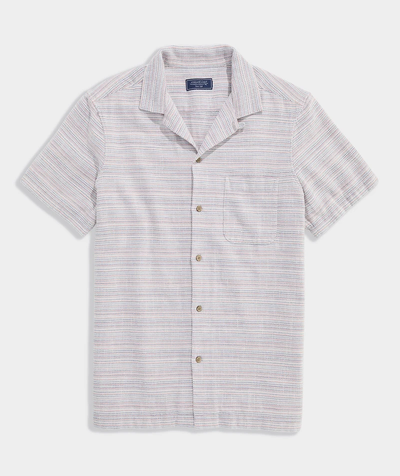 Coral Stripe Textured Cotton Short-Sleeve Cabana Shirt