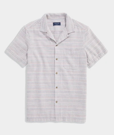 Coral Stripe Textured Cotton Short-Sleeve Cabana Shirt