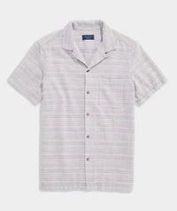 Coral Stripe Textured Cotton Short-Sleeve Cabana Shirt