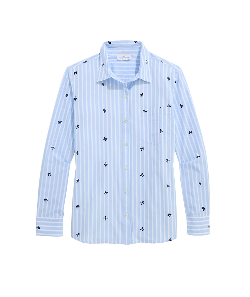 OUTLET Embroidered Bow Stripe Relaxed Button Down-Shirt