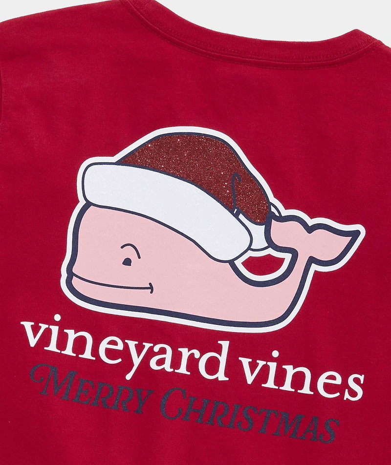 Girls' Glitter Hat Santa Whale Long-Sleeve Pocket Tee