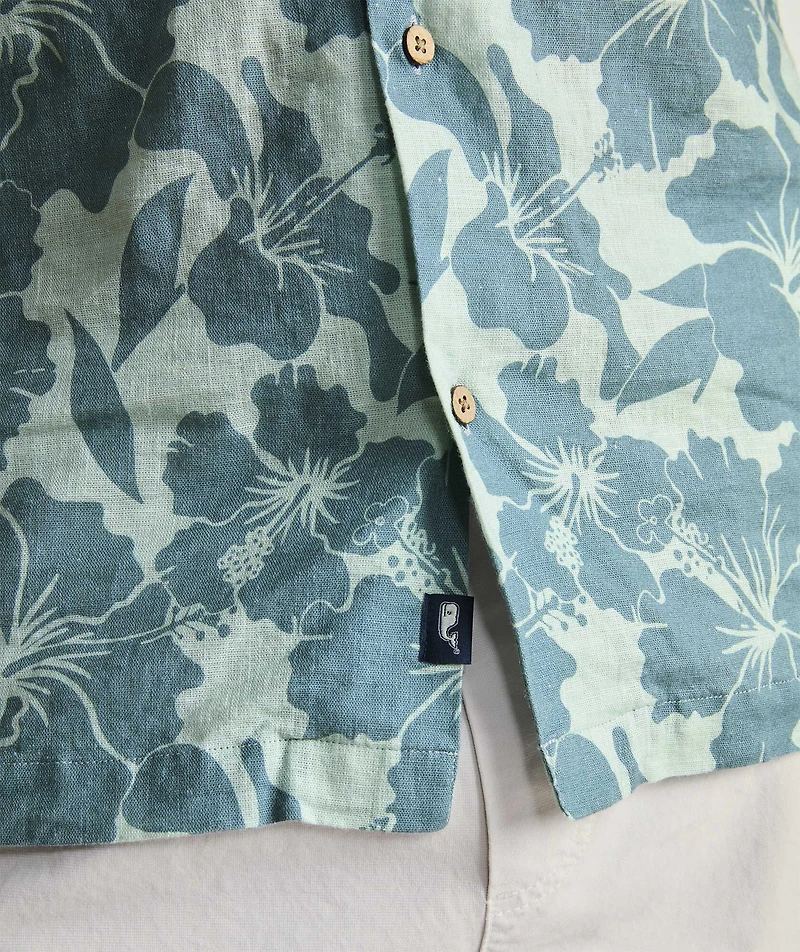Hibiscus Floral Linen Blend Short-Sleeve Cabana Shirt