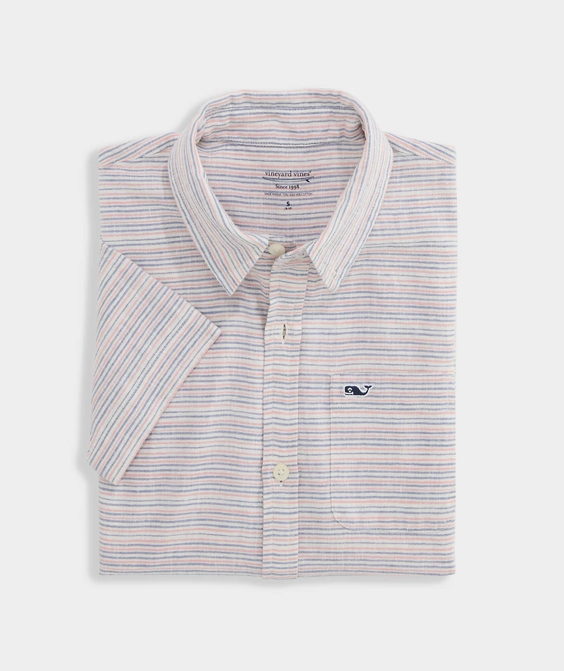Boys' Stripe Textured Cotton Linen Short-Sleeve Shirt