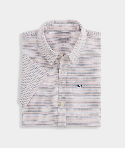 Boys' Stripe Textured Cotton Linen Short-Sleeve Shirt