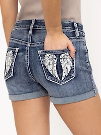 Women's Medium Dark Wash Mid Rise Wing Embellished Cuffed Shortie
