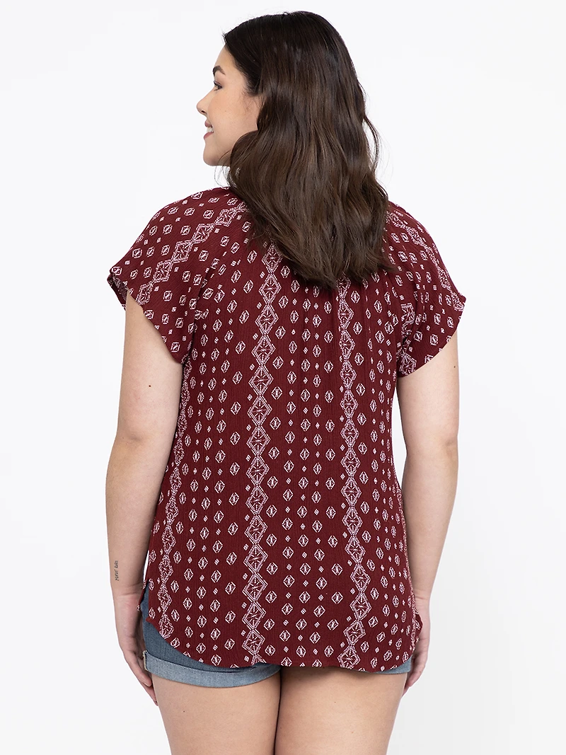 Women's Geo Tie Neck Peasant Top