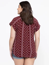 Women's Geo Tie Neck Peasant Top
