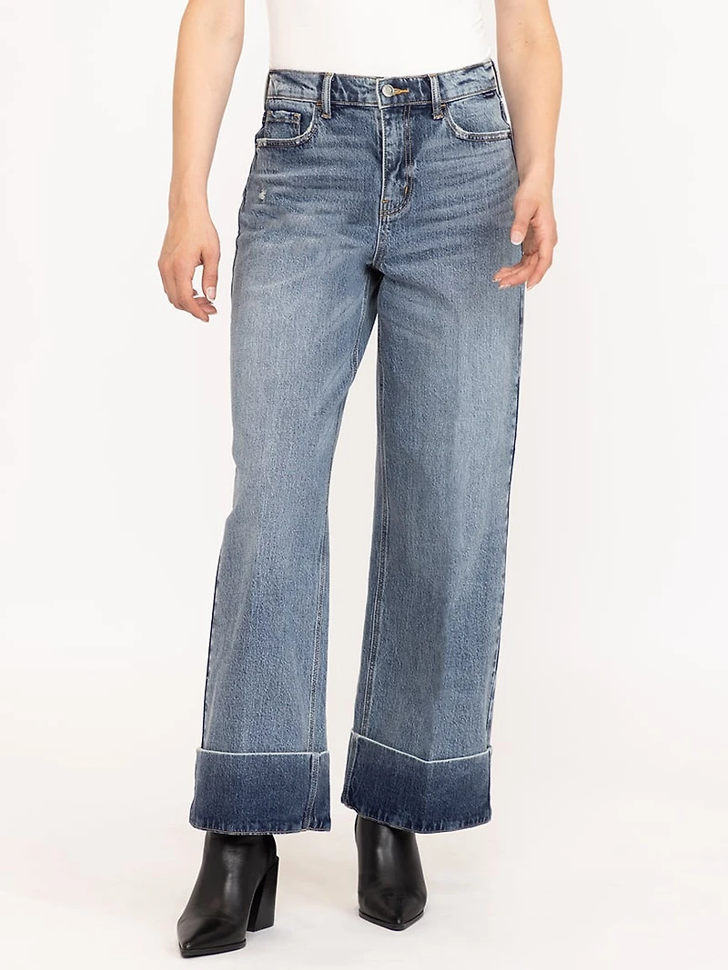 Women's Medium Wash Self High Hem Rise Wide Leg Jeans