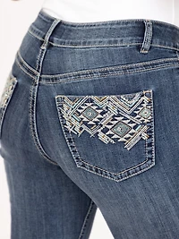 Women's Medium Dark Wash Geo Embroidered Straight Jeans