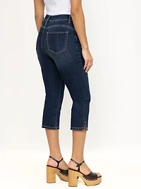 Women's Side Slit Hem Dark Wash Jean Capri