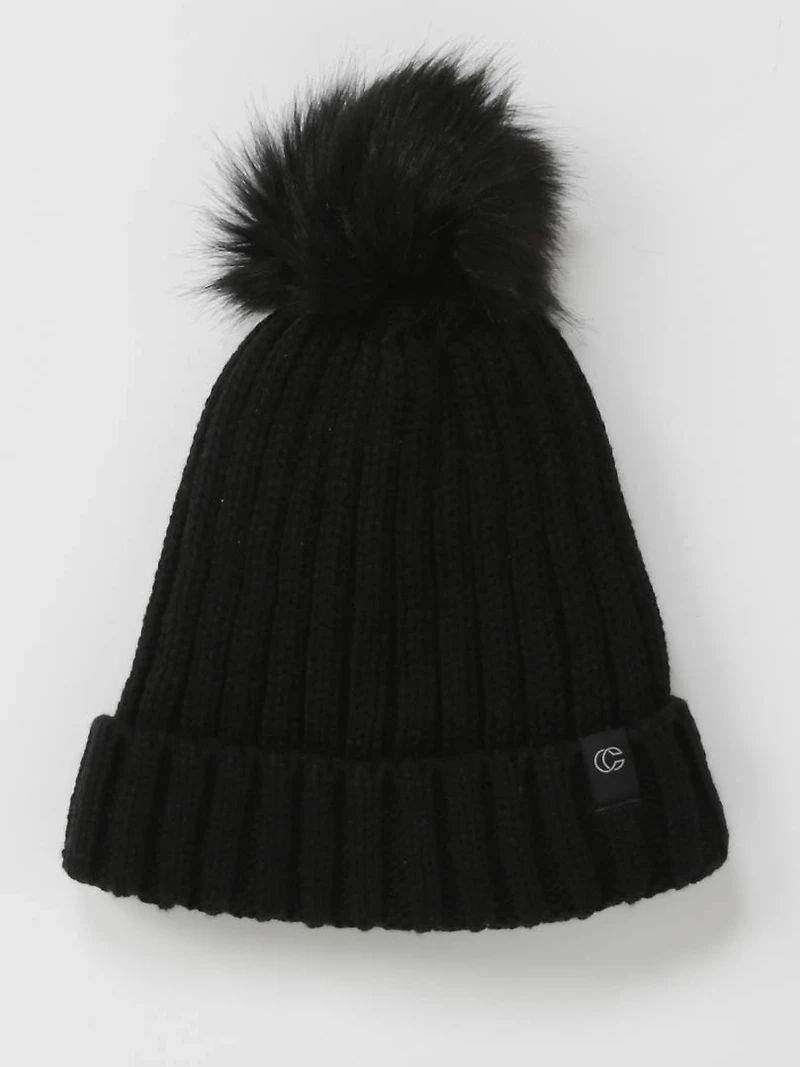 Women's Wide Rib Toque with Fur Pom