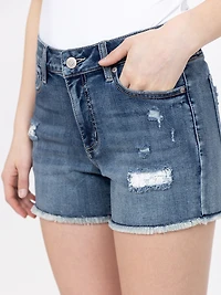 Women's Medium Wash Frayed Hem Shortie with Crochet Lace Insert
