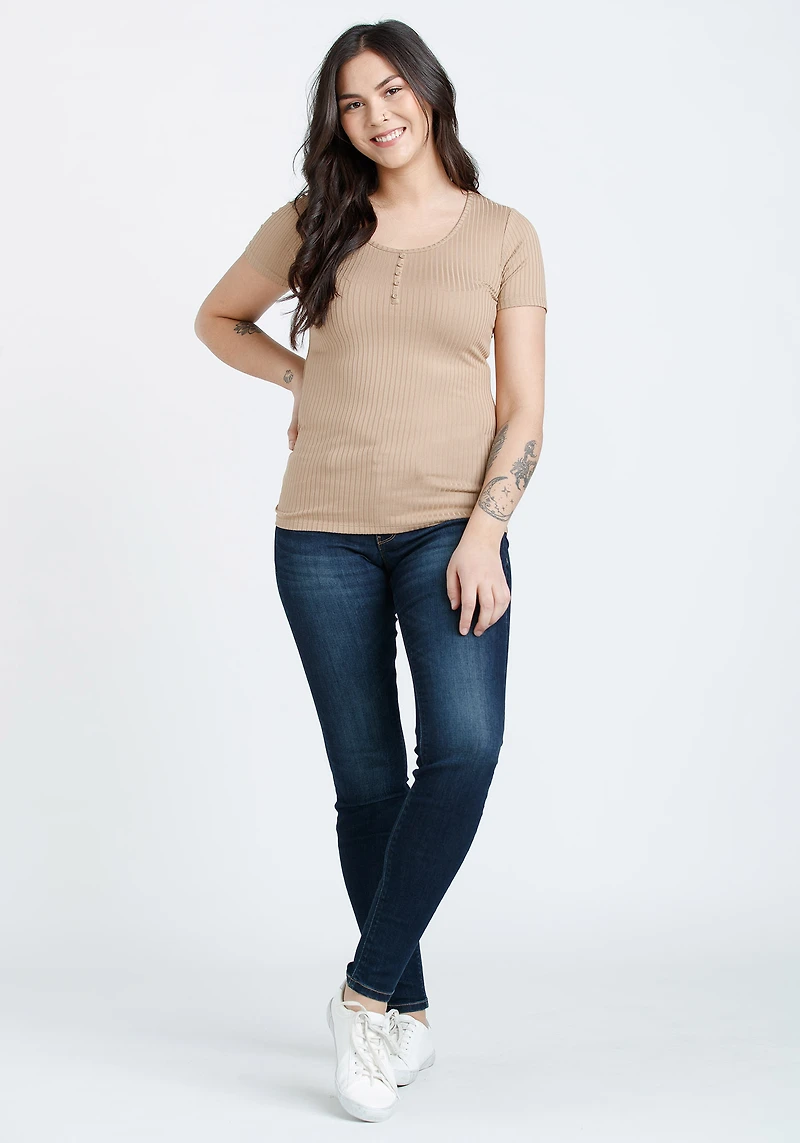 Women's Scoop Neck Ribbed Henley Tee