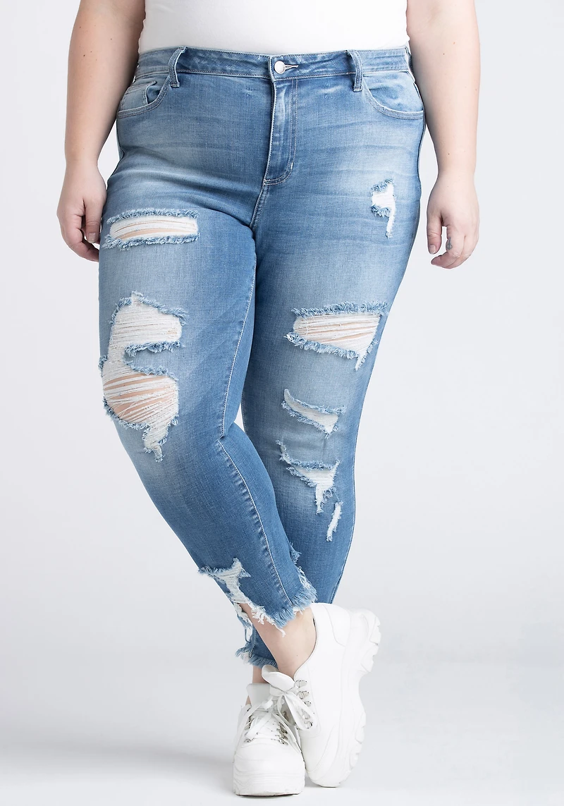 Women's Plus Heavy Destroyed Ankle Cutout Skinny Jeans
