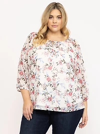 Women's Floral Mesh Peasant Top