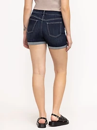 Women's Dark Wash Mid Rise Double Cuffed Midi Short