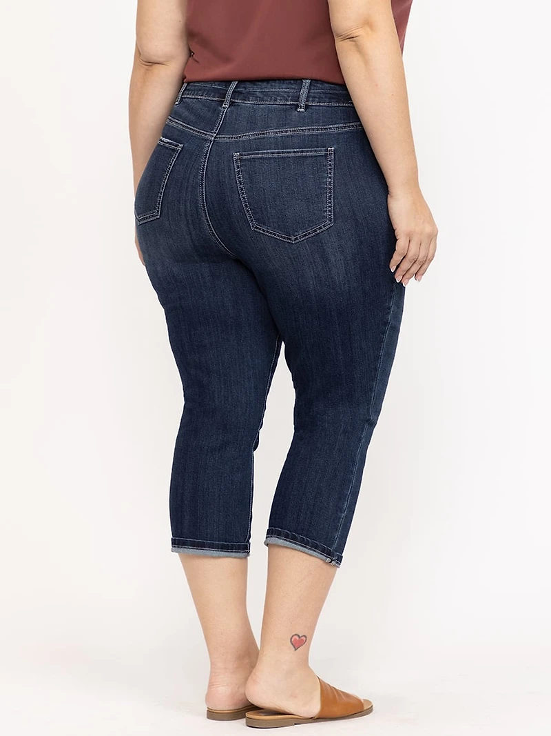 Women's Plus 2 Button Dark Wash Mid Rise Cuffed Jean Capri