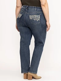 Women's Plus Medium Dark Wash Geo Embroidered Straight Jeans