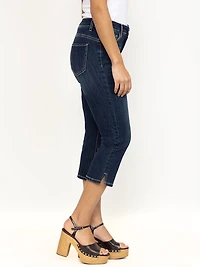 Women's Side Slit Hem Dark Wash Jean Capri