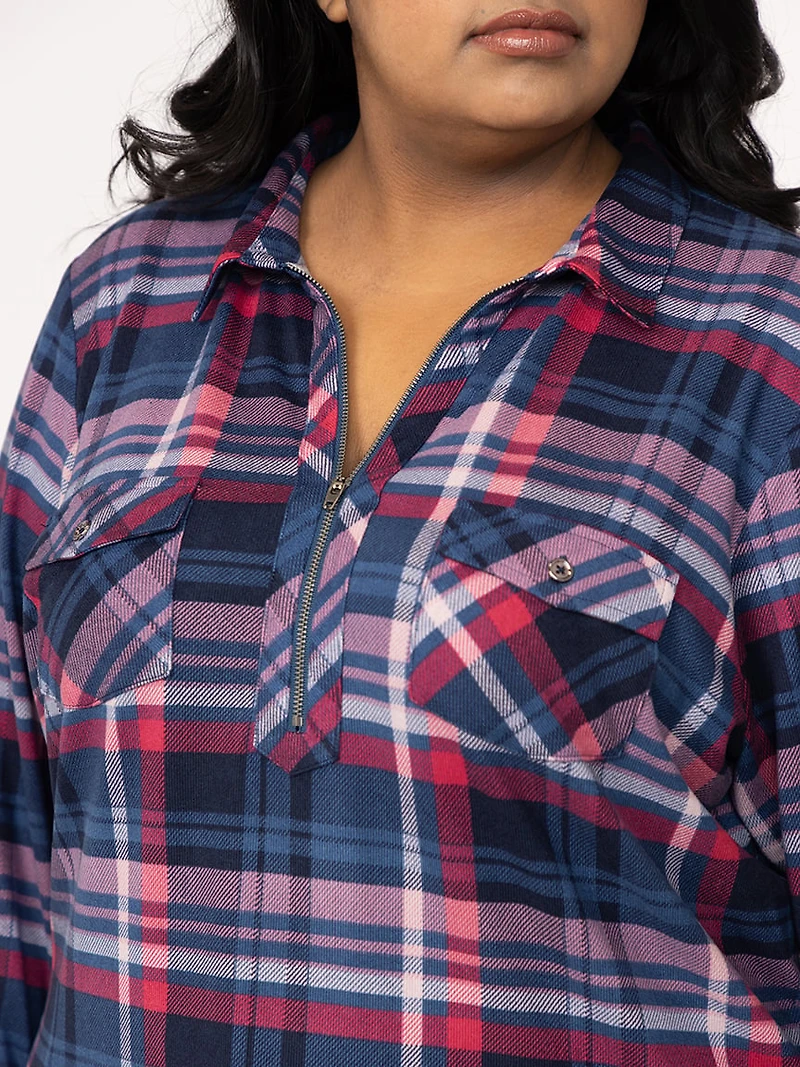 Women's Half Zip Plaid Shirt