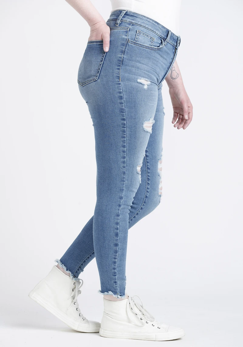 Women's High Rise Destroyed Chewed Hem Ankle Skinny Jeans