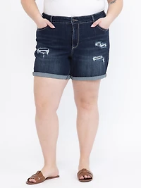 Women's Plus Rip & Repair Cuffed Midi Dark Wash
