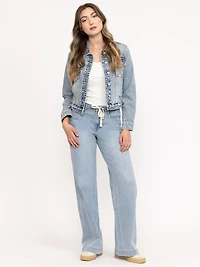 Women's High Rise Light Wash Wide Leg Jeans with a Tie Strap
