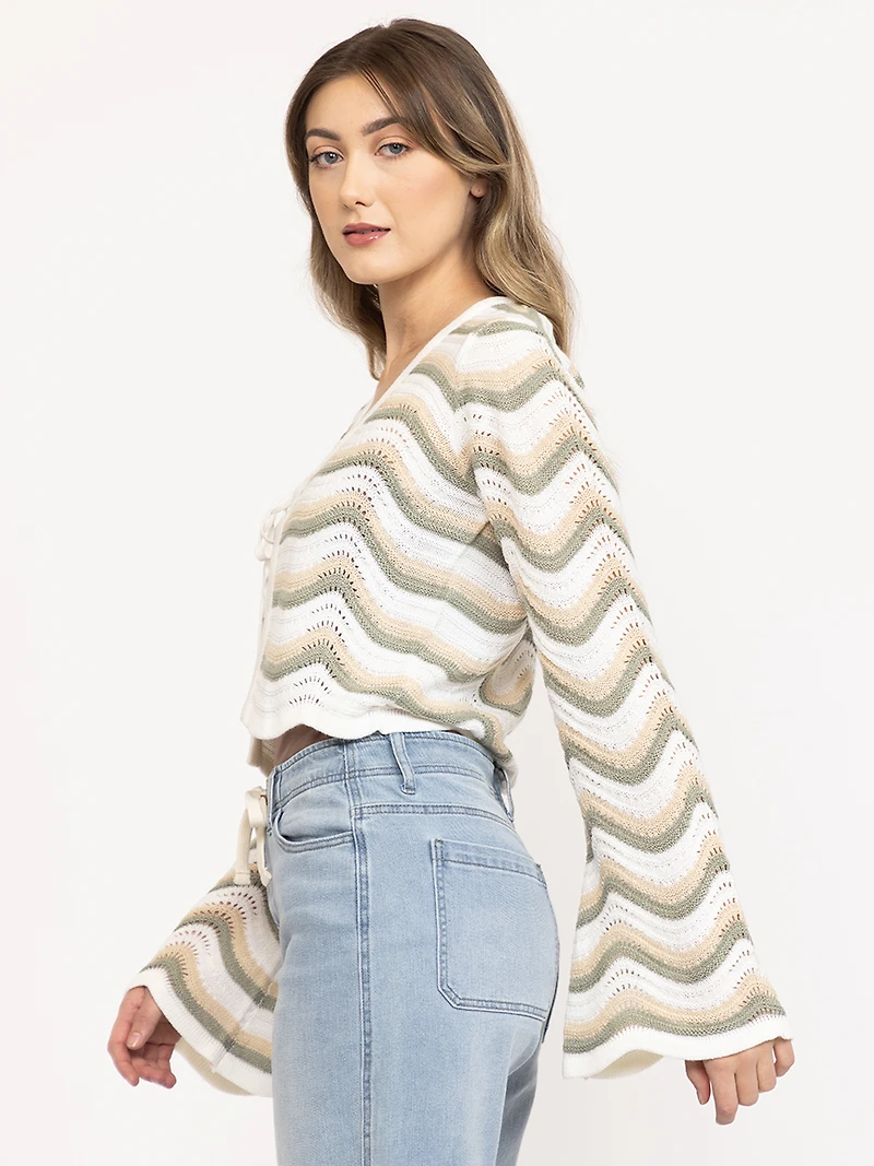 Women's Wave Stitch Tie Front Cardigan