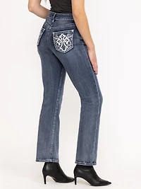 Women's Medium Dark Wash Cross Embellished Straight Leg Jeans