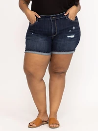 Women's Plus Dark Wash Distress Cuffed Midi Short