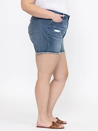 Women's Plus Medium Wash Frayed Hem Shortie with Crochet Lace Insert