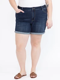 Women's Plus Dark Wash Double Cuffed Midi Short