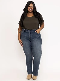 Women's Plus Medium Dark Wash Geo Embroidered Straight Jeans