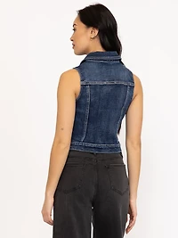 Women's Dark Wash Cropped Denim Vest With Collar