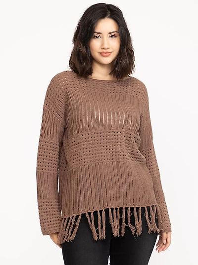 Women's Pointelle Pullover With Fringe