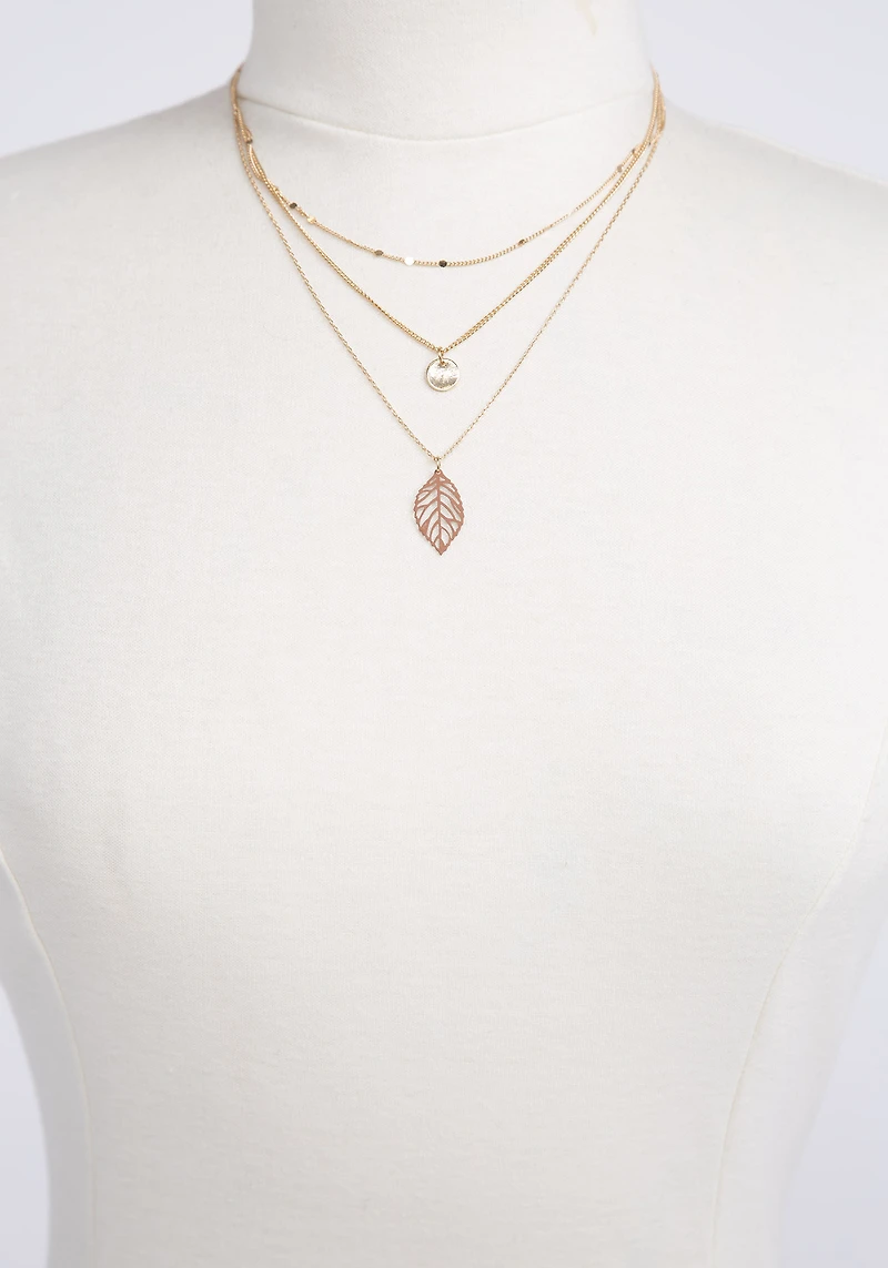 Filagree Leaf and Disc Gold Necklace