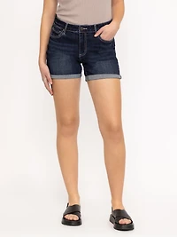 Women's Dark Wash Mid Rise Double Cuffed Midi Short